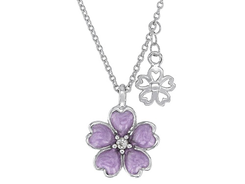 0.17ct White Zircon With Pink Enamel Rhodium Over Sterling Silver Cherry Blossom Pendant With Chain