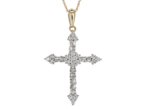 Photo of .50ctw Round And Tapered Baguette Diamond 10k Yellow Gold Cross Pendant With Chain