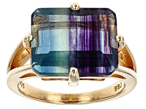 Photo of 10.25ct Rectangular Octagonal Bi-Color Fluorite 18k Yellow Gold Over Sterling Silver Solitaire Ring - Size 6
