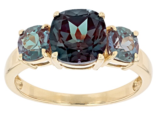 3.74ctw Square Cushion Lab Created Alexandrite 3-Stone 10k Yellow Gold Ring - Size 5