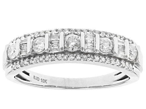 0.55ctw Round And Baguette White Diamond 10k White Gold Band Ring - Size 7