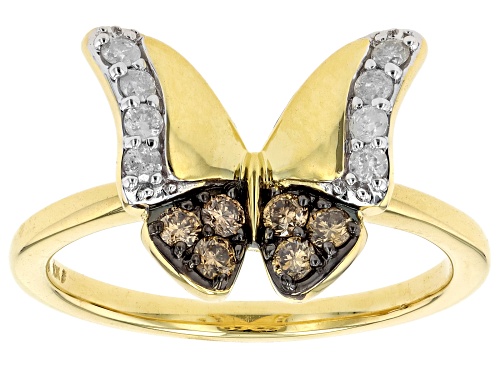 0.33ctw Round Champagne And White Diamond 10k Yellow Gold Butterfly Ring - Size 11