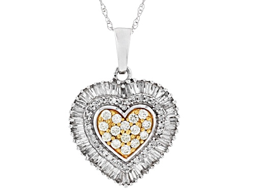 0.80ctw Natural Yellow And White Diamond 10k White Gold Cluster Heart Pendant With Rope Chain