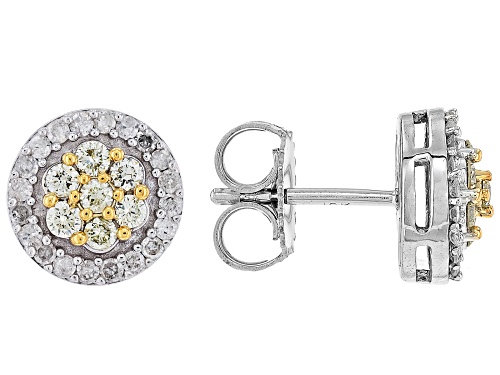 0.55ctw Round Natural Yellow And White Diamond 10k White Gold Cluster Stud Earrings