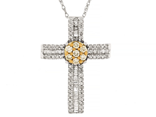 0.50ctw Natural Yellow And White Diamond 10k White Gold Cross Slide Pendant With Rope Chain