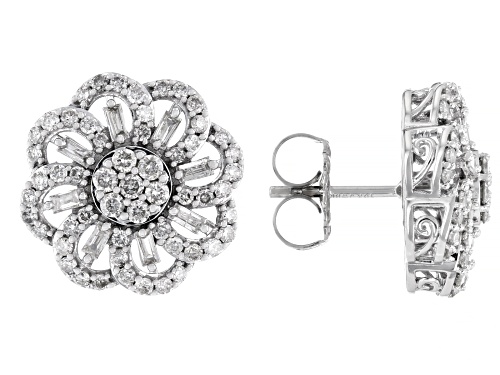 1.50ctw Round And Baguette White Diamond 10k White Gold Cluster Earrings