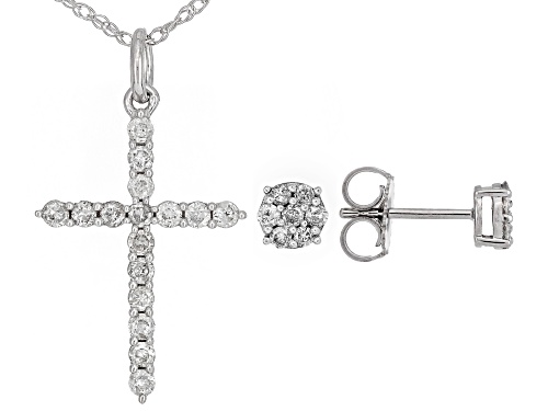 0.50ctw Round White Diamond 10k White Gold Cross Pendant And Stud Earring Set