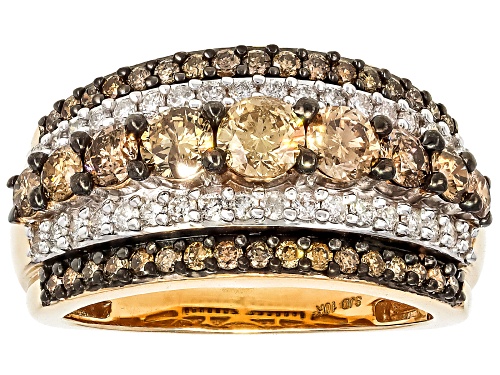 1.85ctw Round Champagne And White Diamond 10k Yellow Gold Multi-Row Wide Band Ring - Size 9