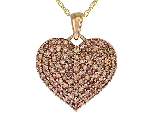 1.40ctw Round Champagne Diamond 10k Yellow Gold Cluster Heat Pendant With Adjustable Rope Chain