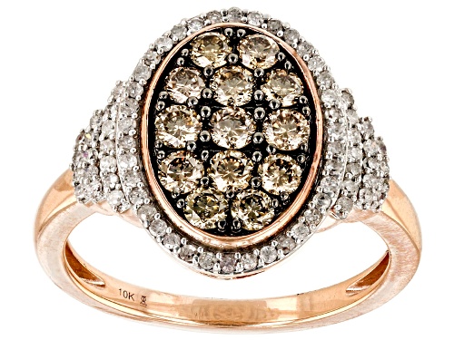 1.00ctw Round Champagne & White Diamond 10K Rose Gold Cluster Ring - Size 7