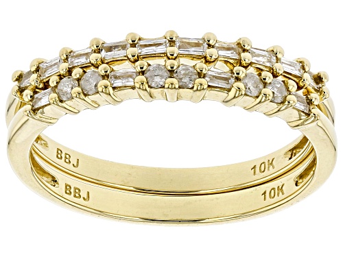 0.20ctw Baguette And Round White Diamond 10k Yellow Gold Set Of 2 Band Rings - Size 7.5