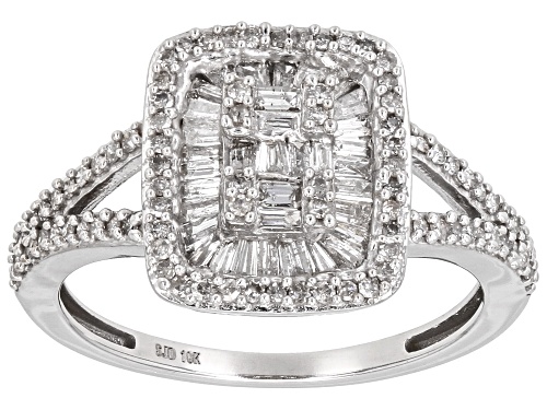 0.70ctw Baguette And Round White Diamond 10k White Gold Cluster Ring - Size 8