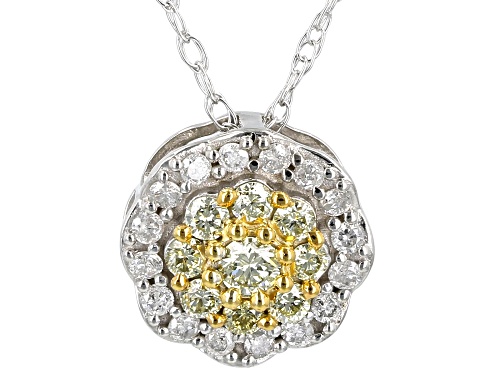 0.40ctw Round Natural Yellow And White Diamond 10k White Gold Halo Slide Pendant With 18" Rope Chain