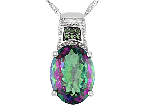 Photo of 10.02ct Multi Color Mystic Topaz®, .04ctw Green Diamond Accent Rhodium Over Silver Pendant W/Chain