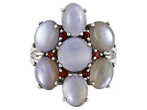 Oval And Round Grey Moonstone And .27ctw Round Vermelho Garnet™ Sterling Silver Ring - Size 7