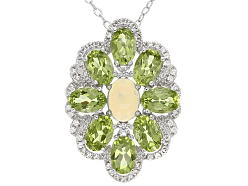 Photo of 3.79ctw Oval Ethiopian Opal, Oval Manchurian Peridot™, And White Zircon Silver Pendant With Chain
