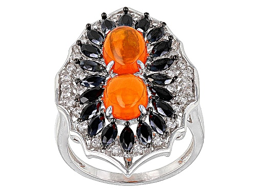 1.27ctw Oval Orange Ethiopian Opal, 1.00ctw Marquise Black Spinel, .25ctw White Zircon Silver Ring - Size 12