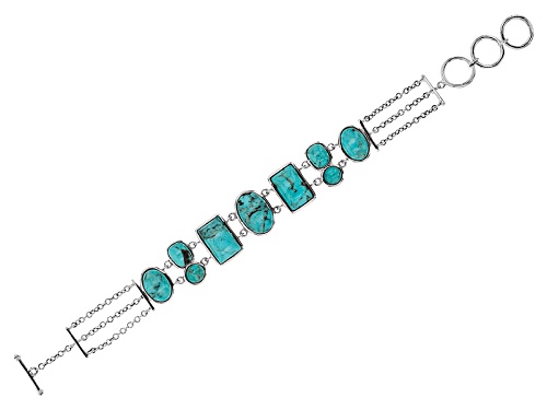 Mixed Shapes Blue Turquoise Sterling Silver Toggle Bracelet - Size 7.25
