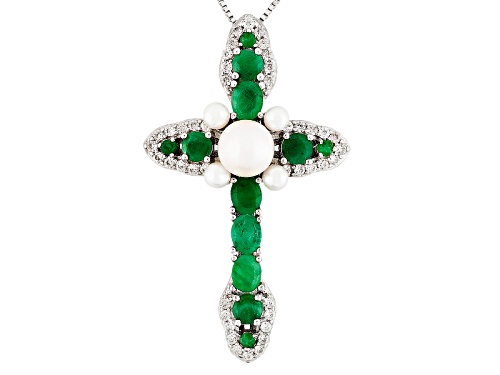 Cultured Freshwater Pearls, 2.03ctw Sakota Emerald, .78ctw White Zircon Silver Cross Pendant, Chain
