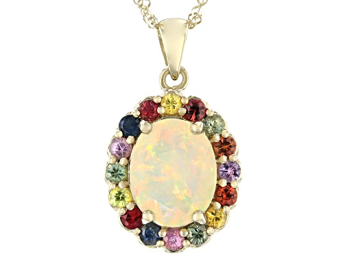 Photo of 1.25ct Ethiopian Opal & 0.68ctw Multi-Color Sapphire,0.23ctw Diamond 10K Yellow Gold Pendant Chain