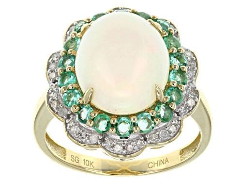 2.72ct Ethiopian Opal With .60ctw Zambian Emerald And .17ctw White Diamonds 10k Yellow Gold Ring - Size 12