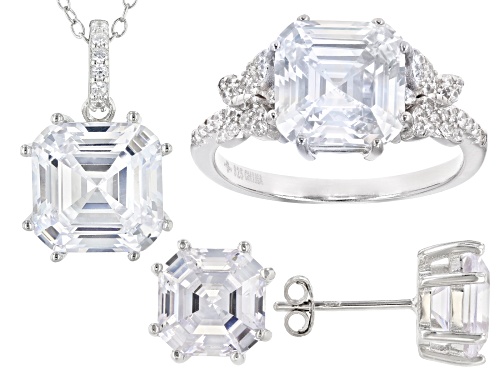 Photo of Bella Luce® 12.56ctw Asscher Cut Rhodium Over Sterling Silver Earrings, Ring, And Pendant With Chain