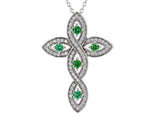 Bella Luce ® 1.18CTW Emerald & White Diamond Simulants Rhodium Over Silver Cross Pendant With Chain