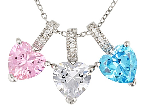 Bella Luce®8.86CTW Aqua/Pink/White Diamond Simulants Rhodium Over Silver 3 Heart Pendants With Chain