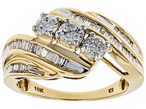 1.00ctw Round And Baguette White Diamond 10K Yellow Gold Ring - Size 7
