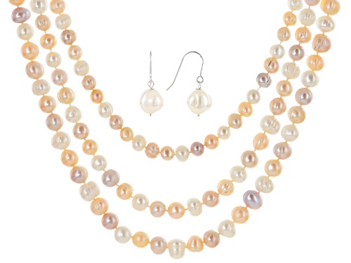 10-12mm Multi-Color Cultured Freshwater Pearl Sterling Silver 18, 24, 36 Inch Necklace & Earring Set