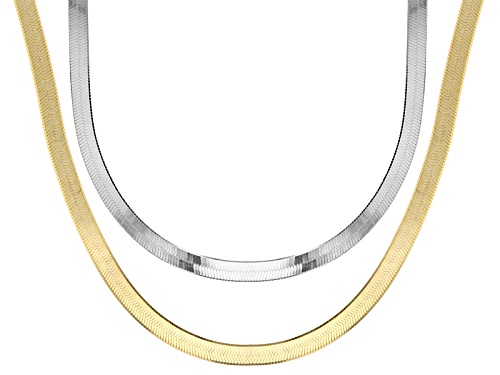 Rhodium Over Sterling Silver And 18k Yellow Gold Over Sterling Silver Herringbone Chain Set Of 2