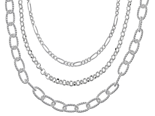 Sterling Silver Figaro, Diamond Cut Cable, And Rolo Link 18, 20, And 24 Inch Chain Set Of 3
