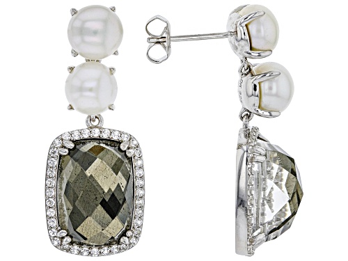 Photo of 6.5-7mm White Cultured Freshwater Pearl With Topaz & Pyrite Doublet Rhodium over Silver Earrings