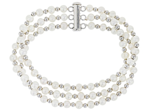 5-6mm White Cultured Freshwater Pearl Rhodium over Sterling Silver Multi-Row Bracelet - Size 7.25