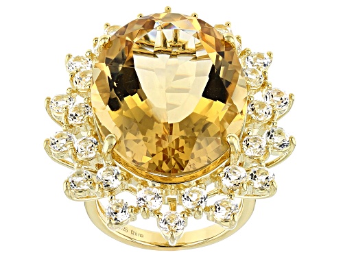 25.00ct Yellow Oval Brazilian Citrine With 3.50ctw Round White Topaz 18k Yellow Gold Over Silver - Size 7