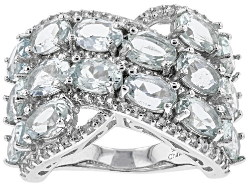 6.00ctw Oval Aquamarine With 1.00ctw Round White Zircon Rhodium Over Silver Crossover Band Ring - Size 8
