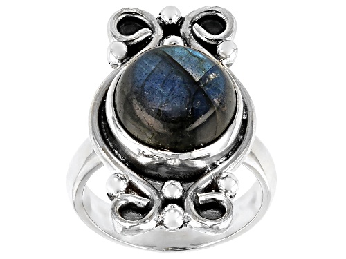12mm Round Cabochon Labradorite Solitaire Sterling Silver Ring - Size 6