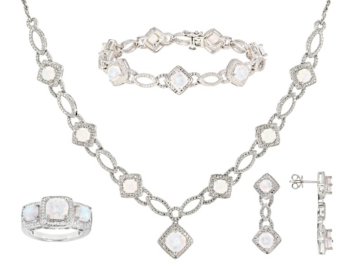 Photo of 6.60ctw Square Cushion Lab Created Opal With .01ctw Diamond Accent Rhodium Over Brass Jewelry Set