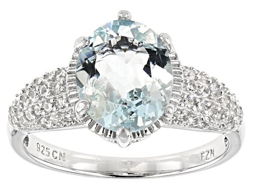 Photo of 2.04ct Oval Blue Aquamarine With 0.59ct Round White Zircon Rhodium Over Sterling Silver Ring - Size 9