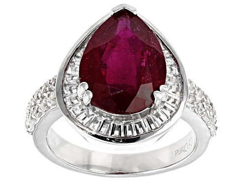 4.25ct Pear Shape Mahaleo(R) Ruby, 2.00ctw Baguette and Round White Topaz, Rhodium Over Silver Ring - Size 9