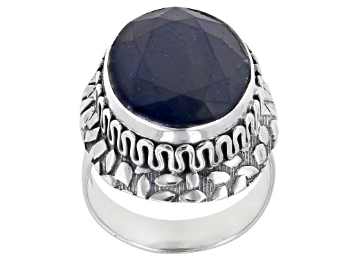 16.00ct Oval Blue Sapphire Sterling Silver Solitaire Ring - Size 7