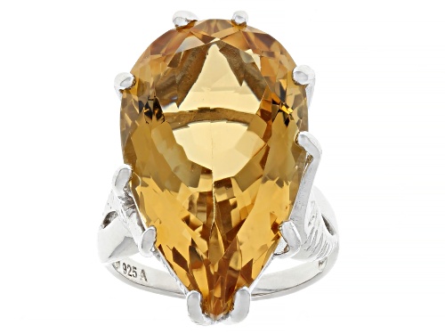 20.00ct Pear Shape Citrine Solitaire Rhodium Over Sterling Silver Ring - Size 7
