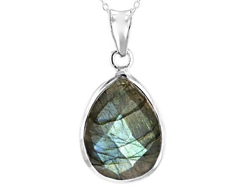 Photo of 15.15ctw Pear Shape Labradorite Sterling Silver Solitaire Pendant With Chain