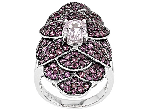 Photo of 1.45CT OVAL KUNZITE WITH 2.25CTW ROUND RASPBERRY RHODOLITE RHODIUM OVER STERLING SILVER RING - Size 7