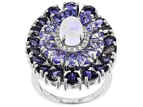 Photo of 8x6mm Oval Moonstone With 7.73ctw Iolite, Tanzanite and White Zircon Rhodium Over Silver Ring - Size 7