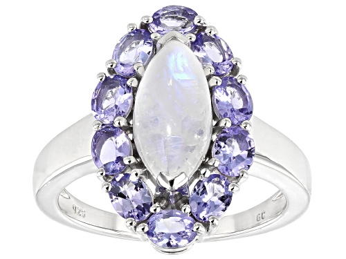 Photo of 1.60ctw Oval Tanzanite With 12x6mm Marquise Rainbow Moonstone Rhodium Over Sterling Silver Ring - Size 7