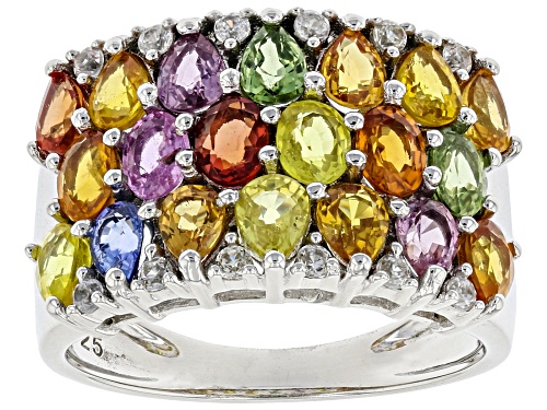 Photo of 4.18ctw Mixed-color Sapphire With .27ctw Round White Zircon Rhodium Over Sterling Silver Band Ring - Size 7