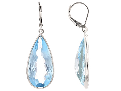 34.00ctw Pear Shape Glacier Topaz™ Solitaire, Rhodium Over Sterling Silver Dangle Earrings