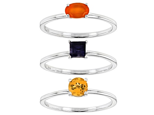 1.30ctw Mixed Shape Carnelian, Citrine & Iolite Rhodium Over Silver Set of 3 Solitaire Rings - Size 7