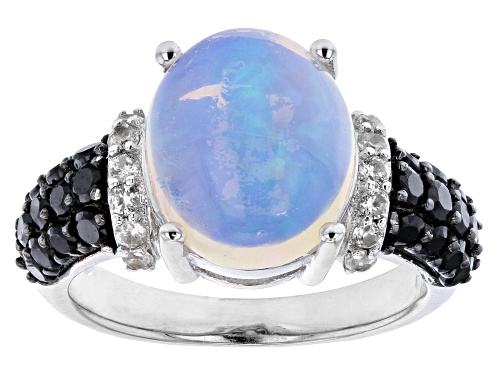 Photo of 12x10mm Oval Opal With 0.65ctw Black Spinel & 0.15ctw White Zircon Rhodium Over Silver Ring - Size 9